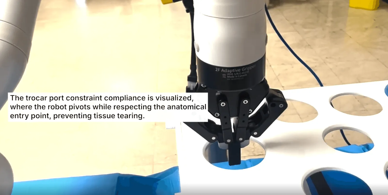 The robot pivots around the trocar entry point without forcing the tissue