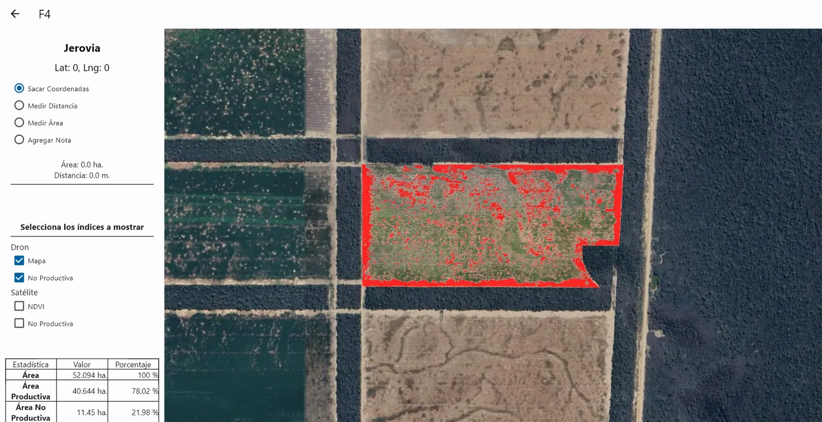 Mapa de áreas produtivas e improdutivas de um talhão no aplicativo